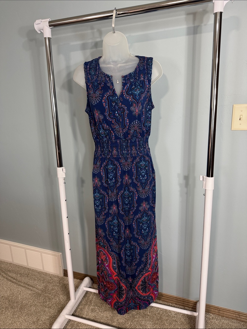 Adrianna Papell Navy Maxi Dress with Pink Paisley Accents